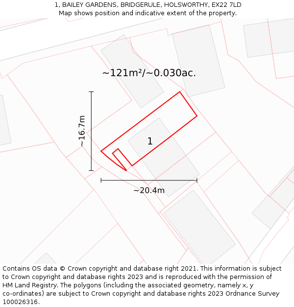 1, BAILEY GARDENS, BRIDGERULE, HOLSWORTHY, EX22 7LD: Plot and title map