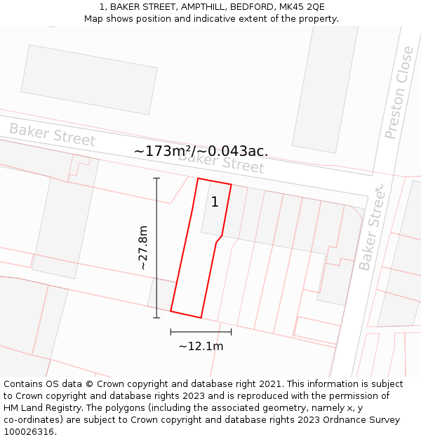 1, BAKER STREET, AMPTHILL, BEDFORD, MK45 2QE: Plot and title map