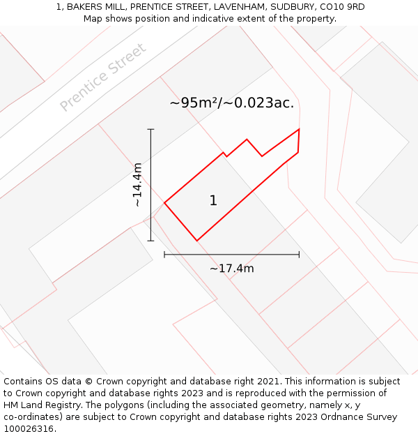 1, BAKERS MILL, PRENTICE STREET, LAVENHAM, SUDBURY, CO10 9RD: Plot and title map