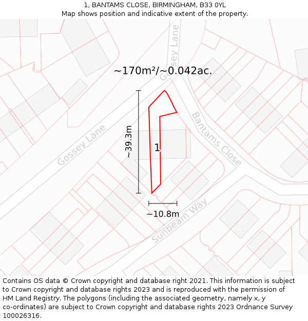 1, BANTAMS CLOSE, BIRMINGHAM, B33 0YL: Plot and title map