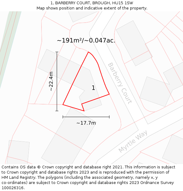 1, BARBERRY COURT, BROUGH, HU15 1SW: Plot and title map