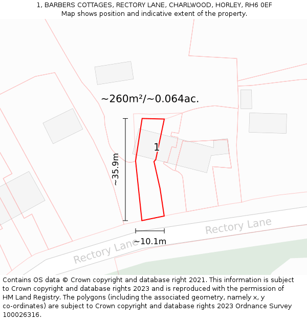 1, BARBERS COTTAGES, RECTORY LANE, CHARLWOOD, HORLEY, RH6 0EF: Plot and title map