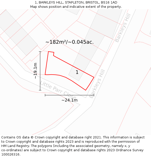 1, BARKLEYS HILL, STAPLETON, BRISTOL, BS16 1AD: Plot and title map