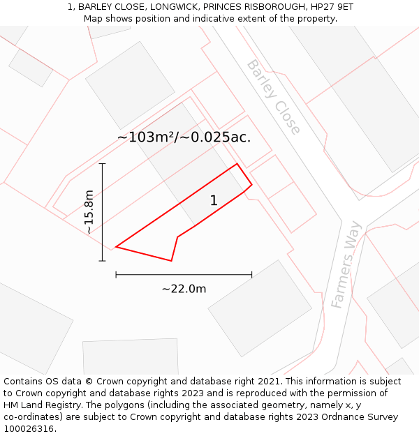 1, BARLEY CLOSE, LONGWICK, PRINCES RISBOROUGH, HP27 9ET: Plot and title map