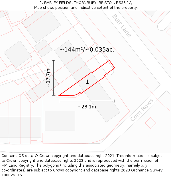 1, BARLEY FIELDS, THORNBURY, BRISTOL, BS35 1AJ: Plot and title map