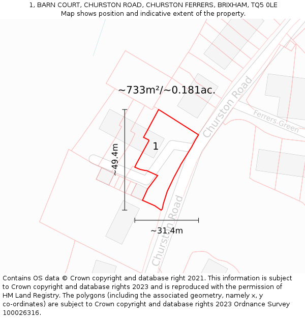 1, BARN COURT, CHURSTON ROAD, CHURSTON FERRERS, BRIXHAM, TQ5 0LE: Plot and title map
