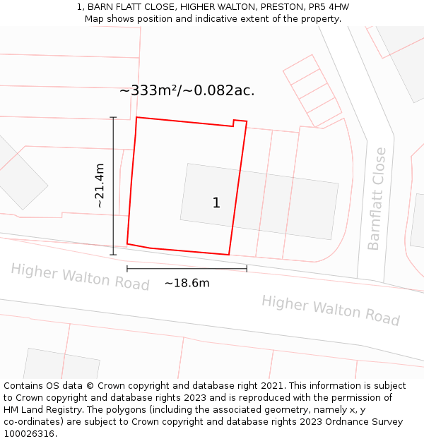 1, BARN FLATT CLOSE, HIGHER WALTON, PRESTON, PR5 4HW: Plot and title map
