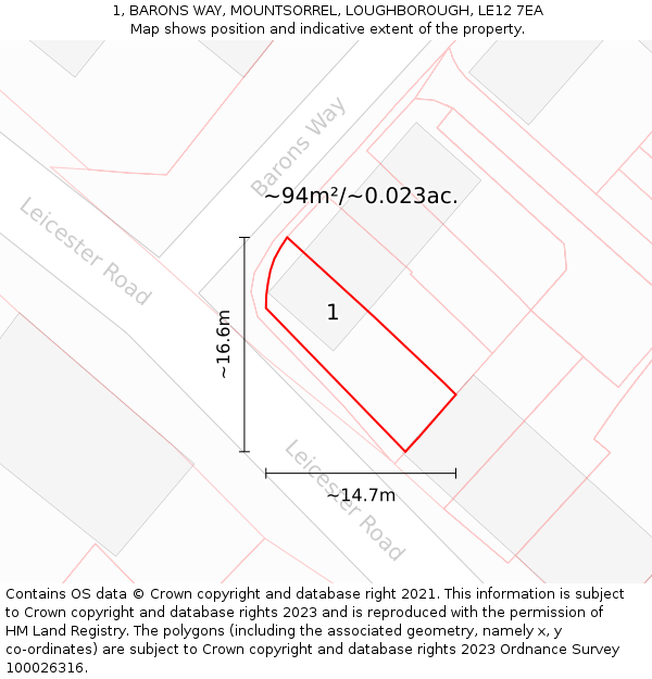 1, BARONS WAY, MOUNTSORREL, LOUGHBOROUGH, LE12 7EA: Plot and title map
