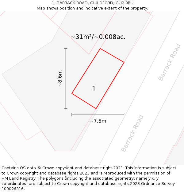 1, BARRACK ROAD, GUILDFORD, GU2 9RU: Plot and title map
