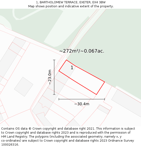 1, BARTHOLOMEW TERRACE, EXETER, EX4 3BW: Plot and title map