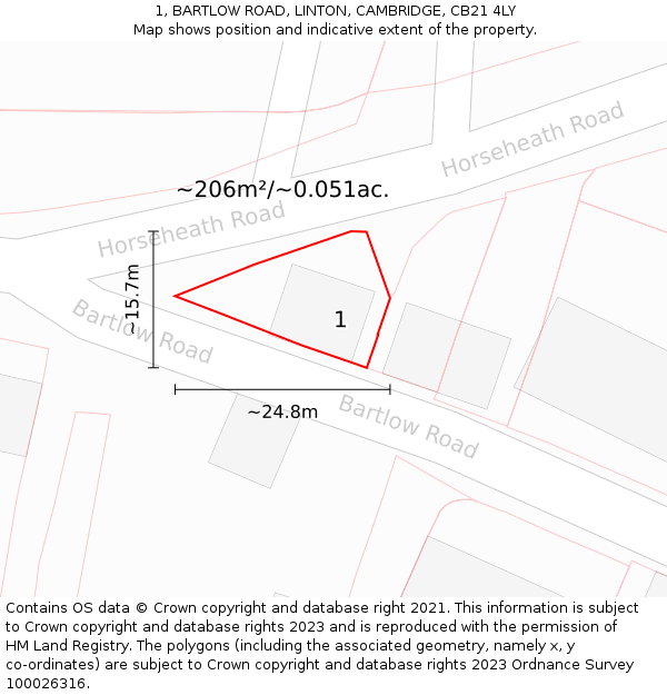 1, BARTLOW ROAD, LINTON, CAMBRIDGE, CB21 4LY: Plot and title map