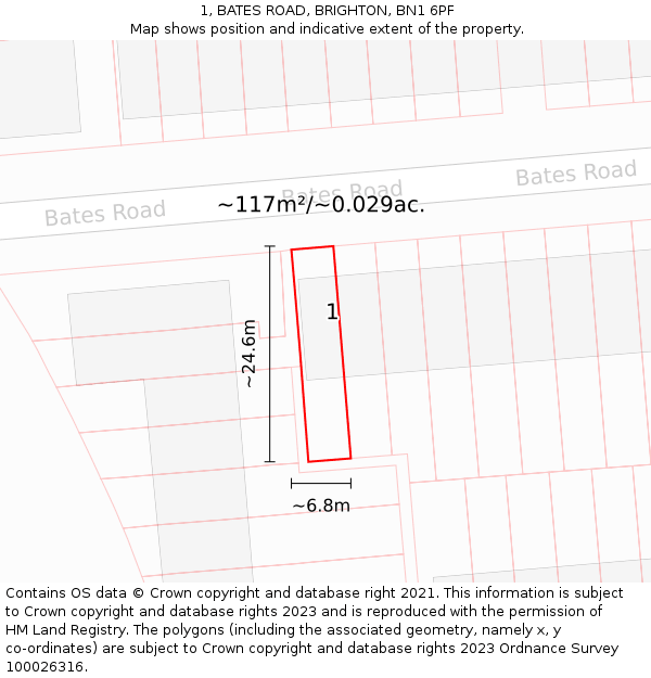 1, BATES ROAD, BRIGHTON, BN1 6PF: Plot and title map