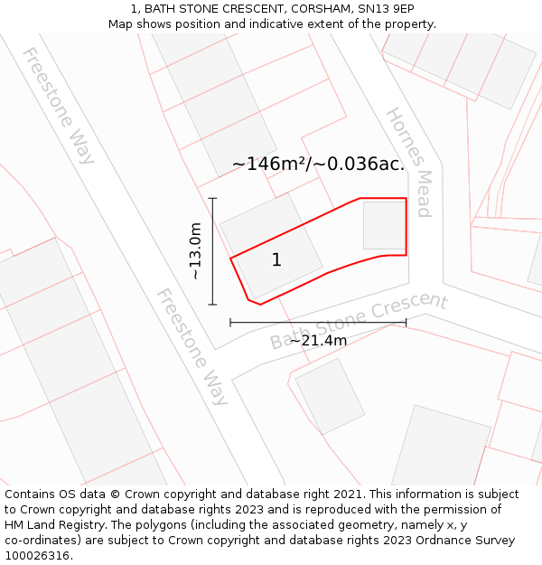 1, BATH STONE CRESCENT, CORSHAM, SN13 9EP: Plot and title map