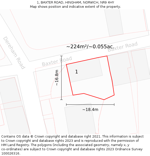 1, BAXTER ROAD, HINGHAM, NORWICH, NR9 4HY: Plot and title map