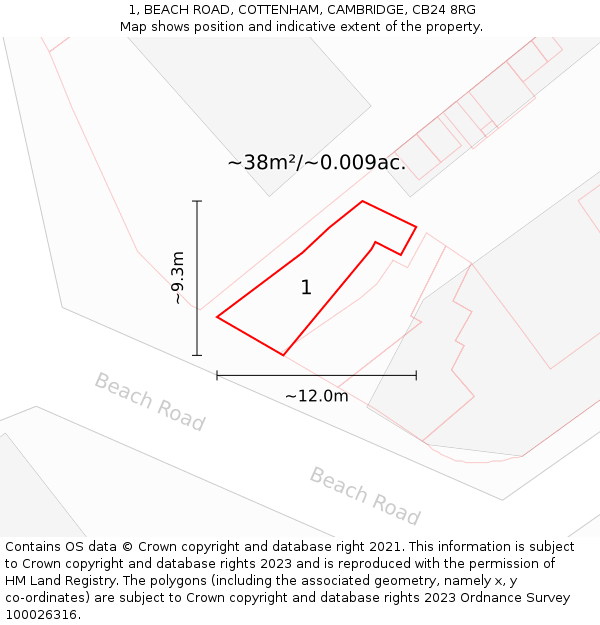 1, BEACH ROAD, COTTENHAM, CAMBRIDGE, CB24 8RG: Plot and title map
