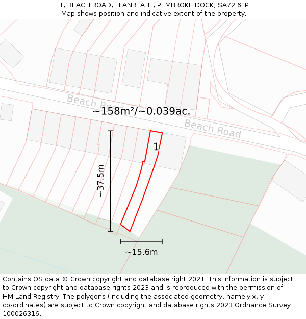 1, BEACH ROAD, LLANREATH, PEMBROKE DOCK, SA72 6TP: Plot and title map