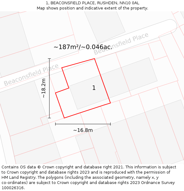 1, BEACONSFIELD PLACE, RUSHDEN, NN10 0AL: Plot and title map