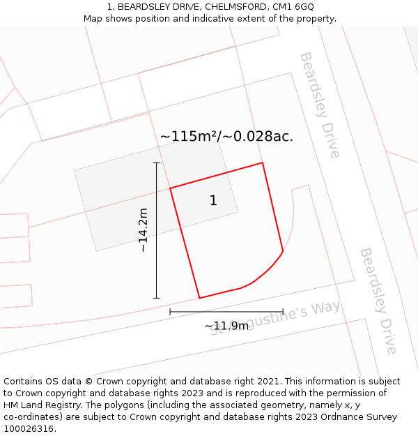 1, BEARDSLEY DRIVE, CHELMSFORD, CM1 6GQ: Plot and title map