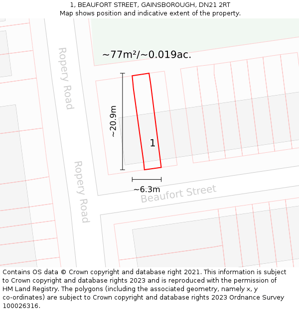 1, BEAUFORT STREET, GAINSBOROUGH, DN21 2RT: Plot and title map