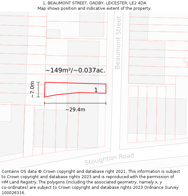 1, BEAUMONT STREET, OADBY, LEICESTER, LE2 4DA: Plot and title map