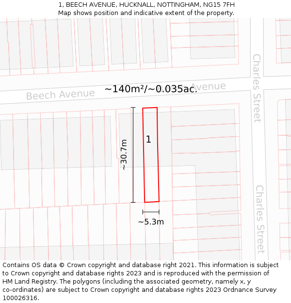 1, BEECH AVENUE, HUCKNALL, NOTTINGHAM, NG15 7FH: Plot and title map