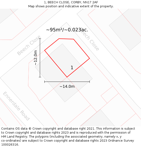 1, BEECH CLOSE, CORBY, NN17 2AF: Plot and title map