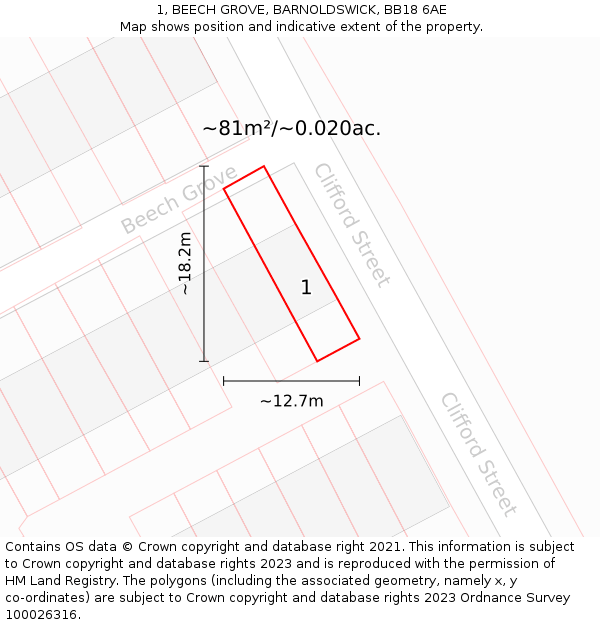 1, BEECH GROVE, BARNOLDSWICK, BB18 6AE: Plot and title map