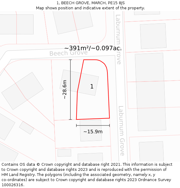 1, BEECH GROVE, MARCH, PE15 8JS: Plot and title map