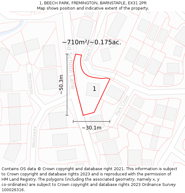 1, BEECH PARK, FREMINGTON, BARNSTAPLE, EX31 2PR: Plot and title map