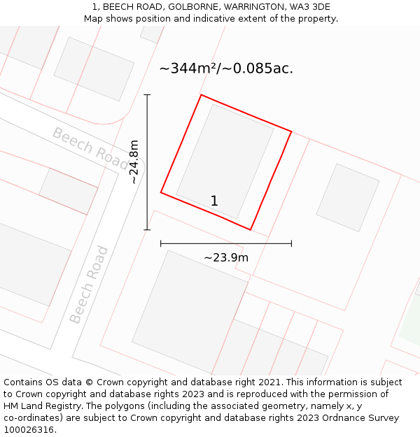 1, BEECH ROAD, GOLBORNE, WARRINGTON, WA3 3DE: Plot and title map