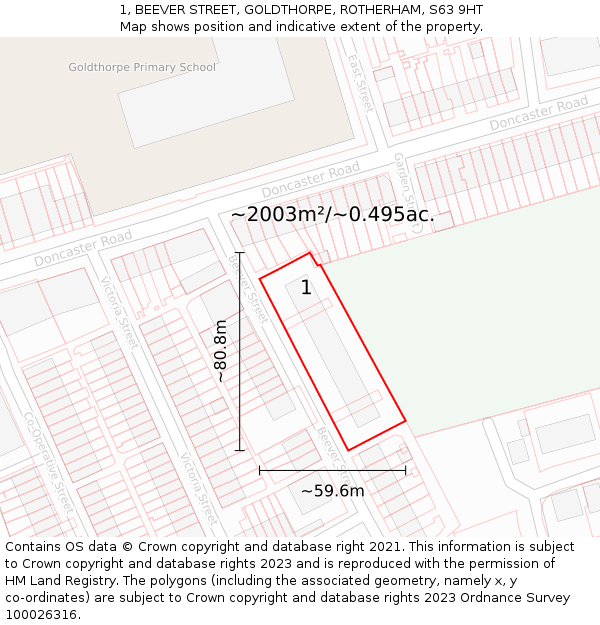 1, BEEVER STREET, GOLDTHORPE, ROTHERHAM, S63 9HT: Plot and title map