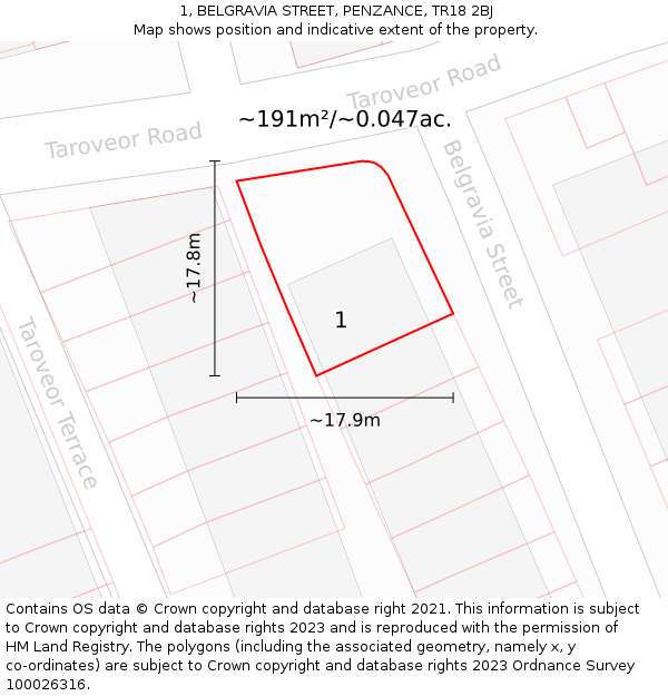 1, BELGRAVIA STREET, PENZANCE, TR18 2BJ: Plot and title map