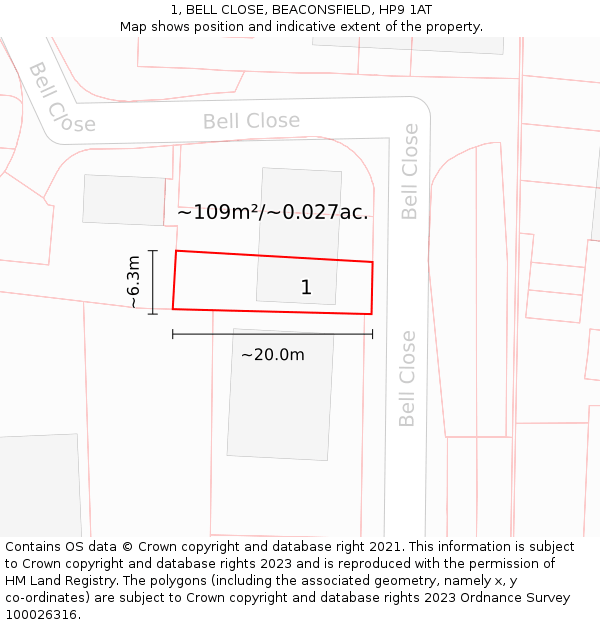 1, BELL CLOSE, BEACONSFIELD, HP9 1AT: Plot and title map
