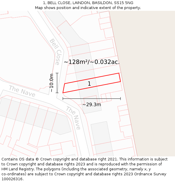 1, BELL CLOSE, LAINDON, BASILDON, SS15 5NG: Plot and title map