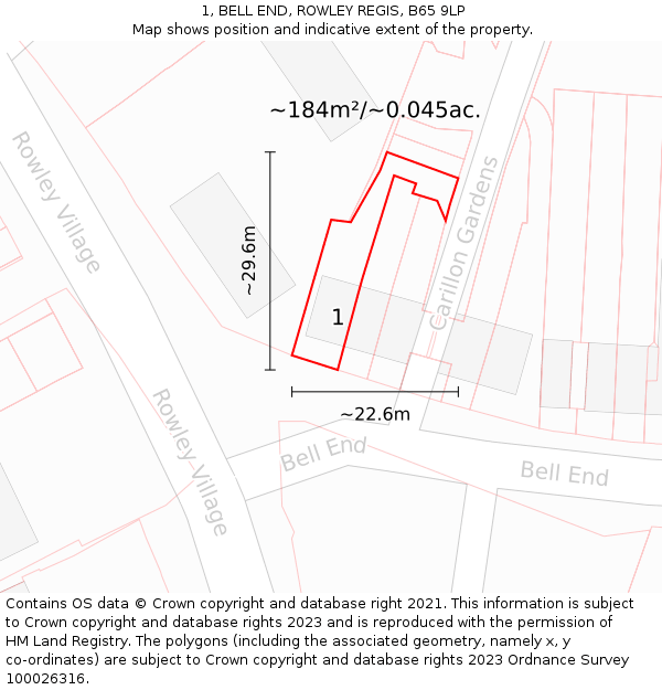 1, BELL END, ROWLEY REGIS, B65 9LP: Plot and title map