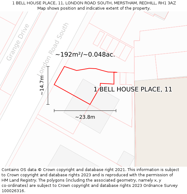 1 BELL HOUSE PLACE, 11, LONDON ROAD SOUTH, MERSTHAM, REDHILL, RH1 3AZ: Plot and title map