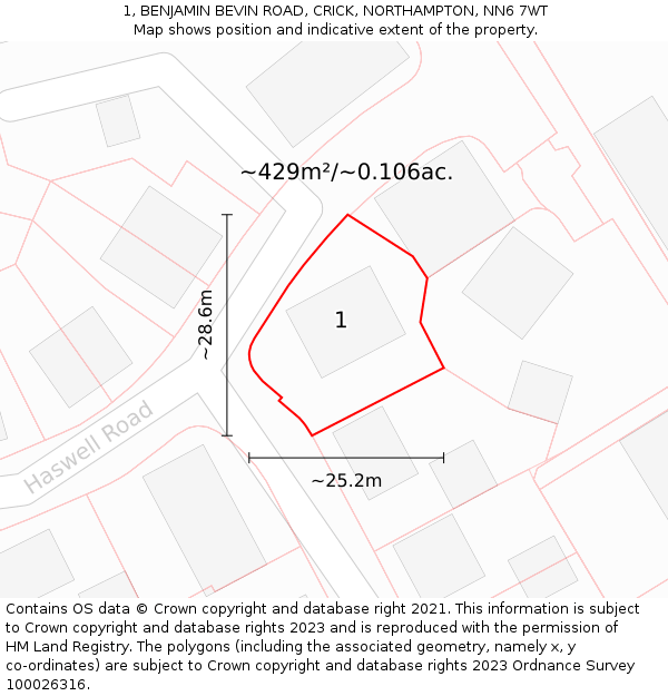 1, BENJAMIN BEVIN ROAD, CRICK, NORTHAMPTON, NN6 7WT: Plot and title map