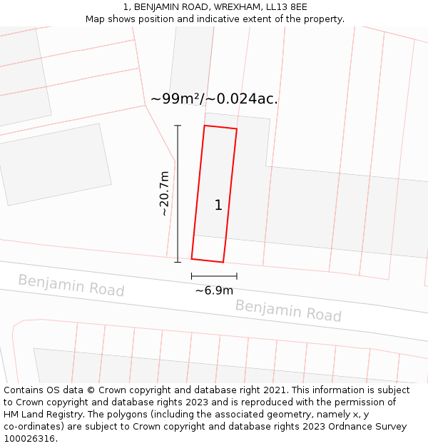 1, BENJAMIN ROAD, WREXHAM, LL13 8EE: Plot and title map