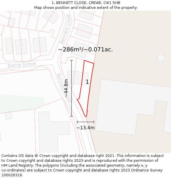 1, BENNETT CLOSE, CREWE, CW1 5HB: Plot and title map