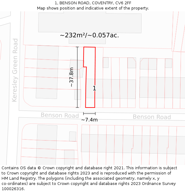 1, BENSON ROAD, COVENTRY, CV6 2FF: Plot and title map