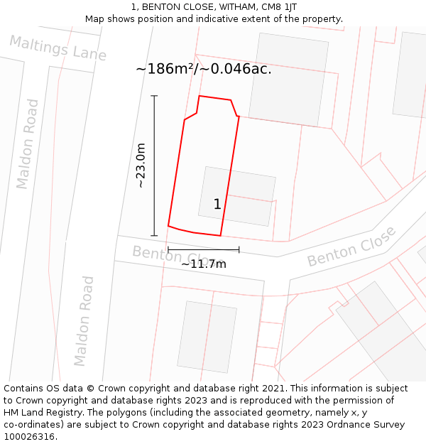 1, BENTON CLOSE, WITHAM, CM8 1JT: Plot and title map
