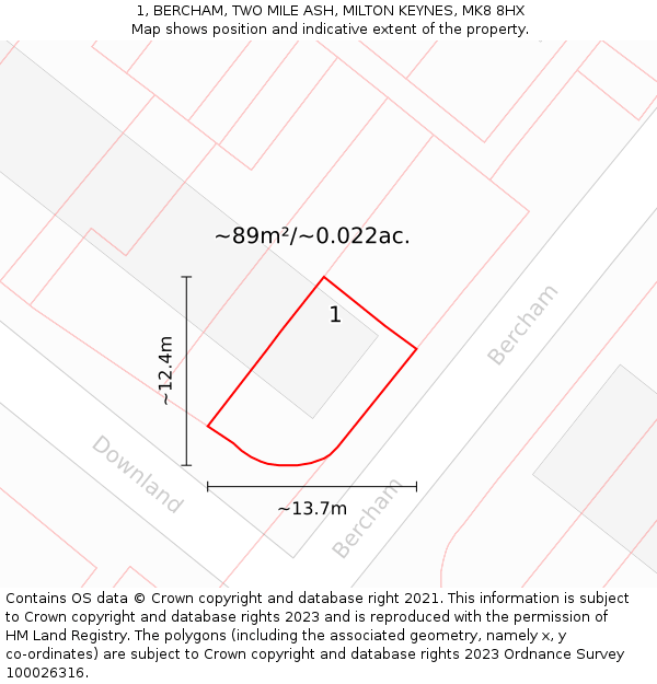 1, BERCHAM, TWO MILE ASH, MILTON KEYNES, MK8 8HX: Plot and title map
