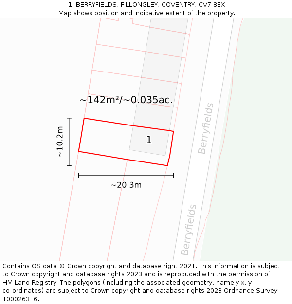 1, BERRYFIELDS, FILLONGLEY, COVENTRY, CV7 8EX: Plot and title map
