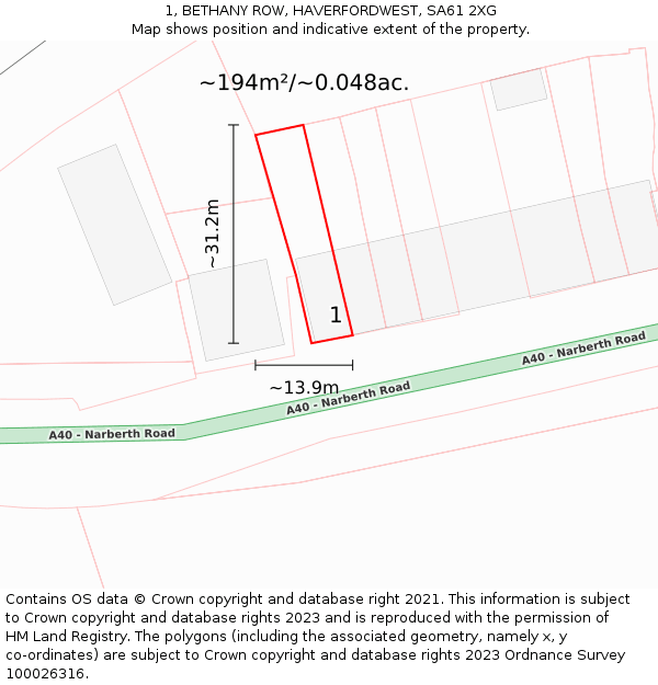 1, BETHANY ROW, HAVERFORDWEST, SA61 2XG: Plot and title map