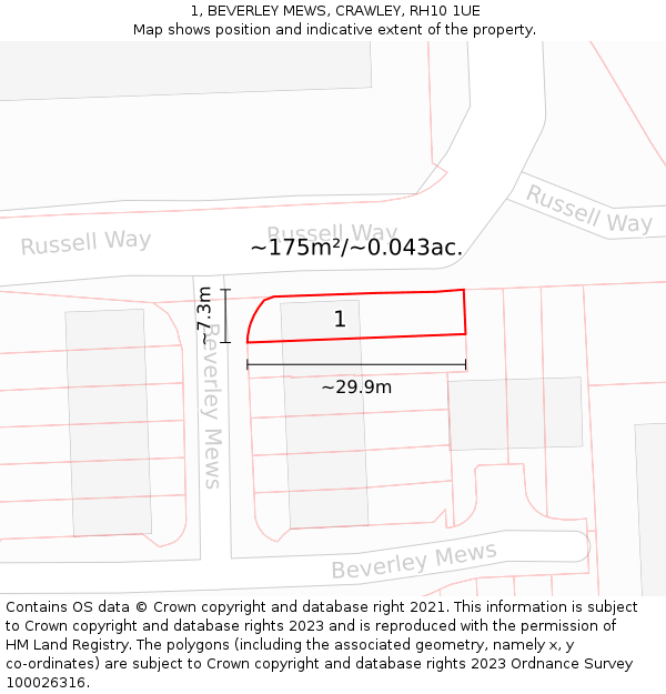 1, BEVERLEY MEWS, CRAWLEY, RH10 1UE: Plot and title map