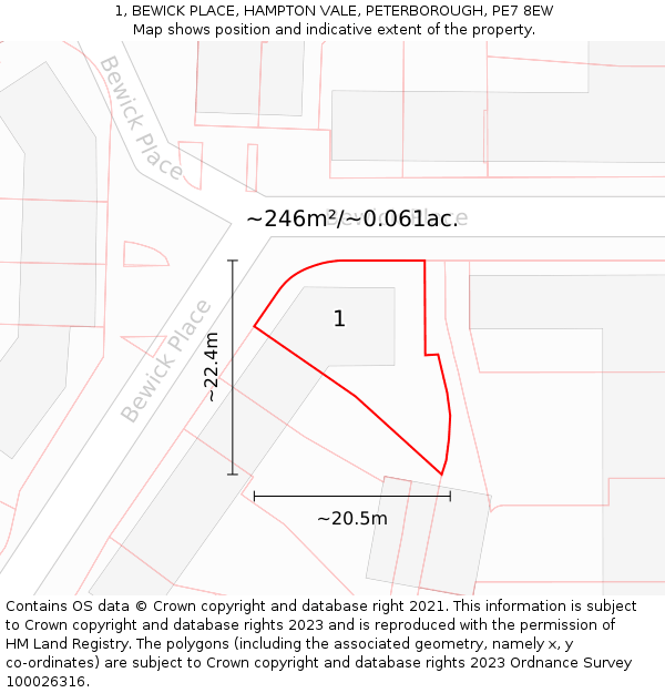 1, BEWICK PLACE, HAMPTON VALE, PETERBOROUGH, PE7 8EW: Plot and title map