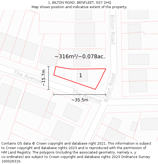 1, BILTON ROAD, BENFLEET, SS7 2HQ: Plot and title map