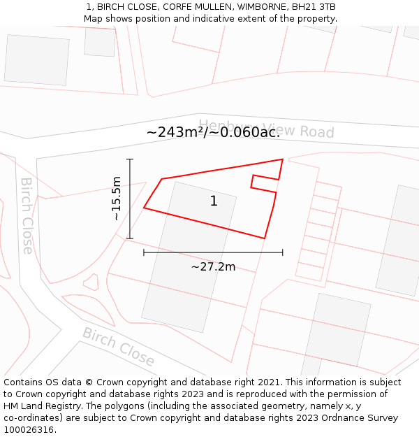 1, BIRCH CLOSE, CORFE MULLEN, WIMBORNE, BH21 3TB: Plot and title map