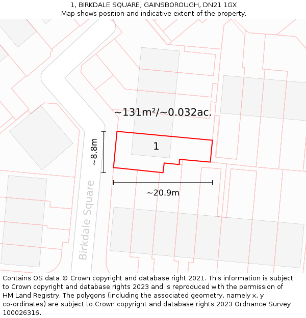 1, BIRKDALE SQUARE, GAINSBOROUGH, DN21 1GX: Plot and title map