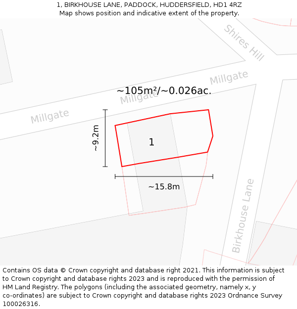 1, BIRKHOUSE LANE, PADDOCK, HUDDERSFIELD, HD1 4RZ: Plot and title map
